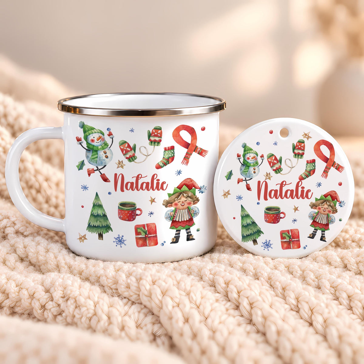 Custom Christmas Enamel Mug and Ornament Set, Personalized Kids Snowman and Elf Holiday Gift