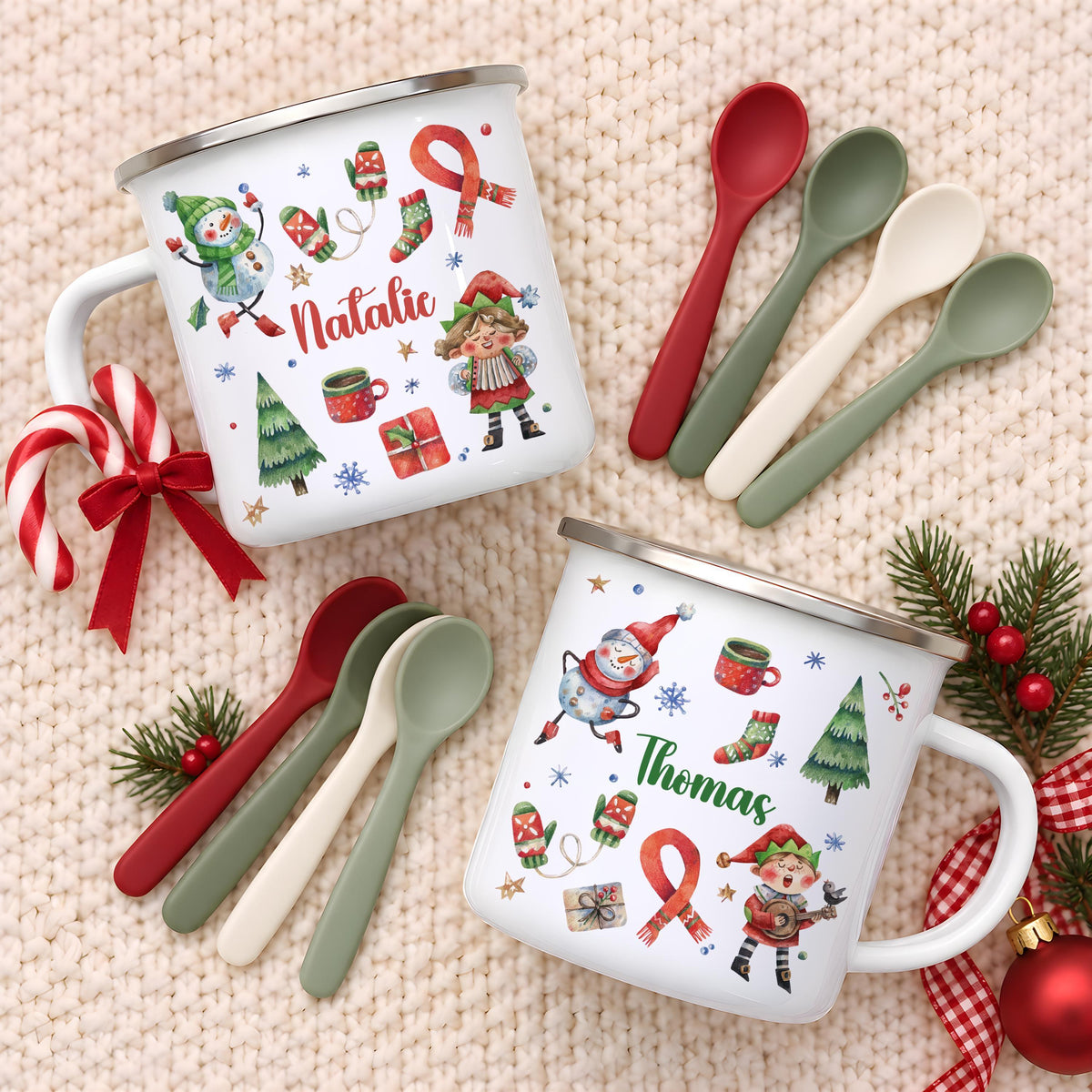 Custom Christmas Enamel Mug and Ornament Set, Personalized Kids Snowman and Elf Holiday Gift