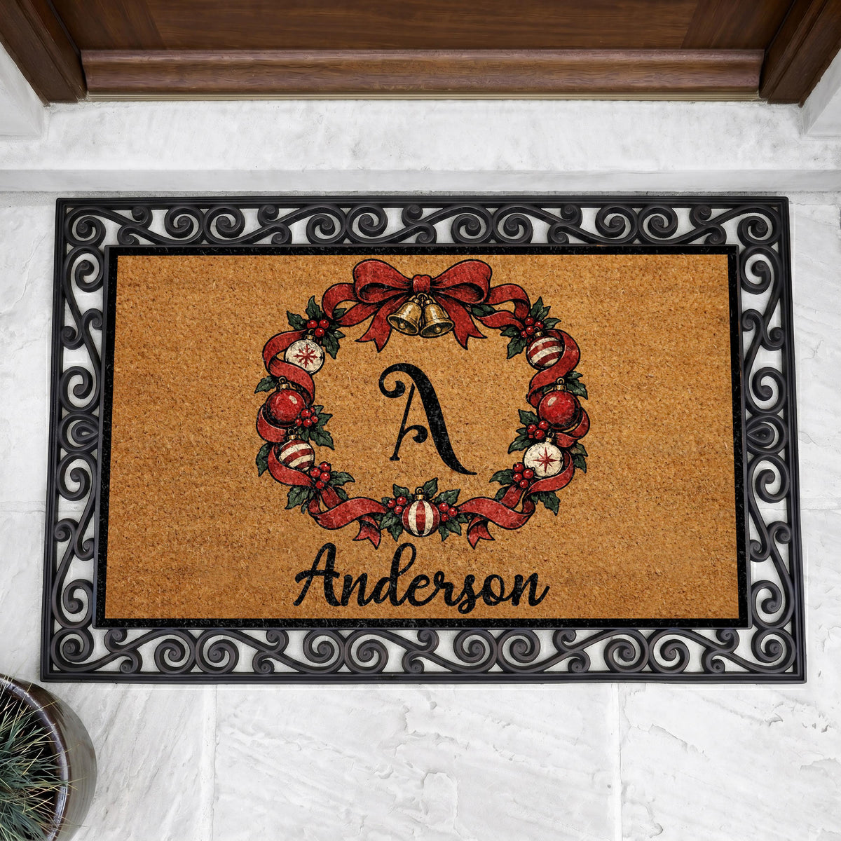 Personalized Christmas Wreath Doormat, Custom Monogram Family Name Holiday Mat