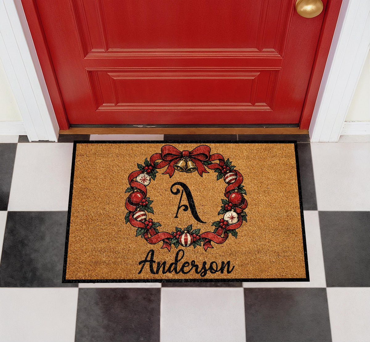 Personalized Christmas Wreath Doormat, Custom Monogram Family Name Holiday Mat