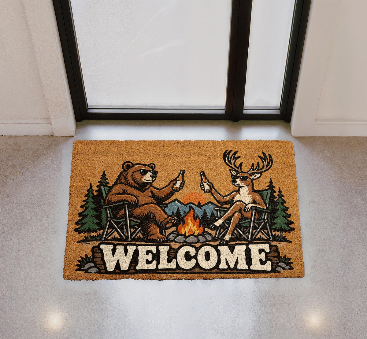 Funny Bear and Deer Doormat, Camping Cabin Welcome Mat