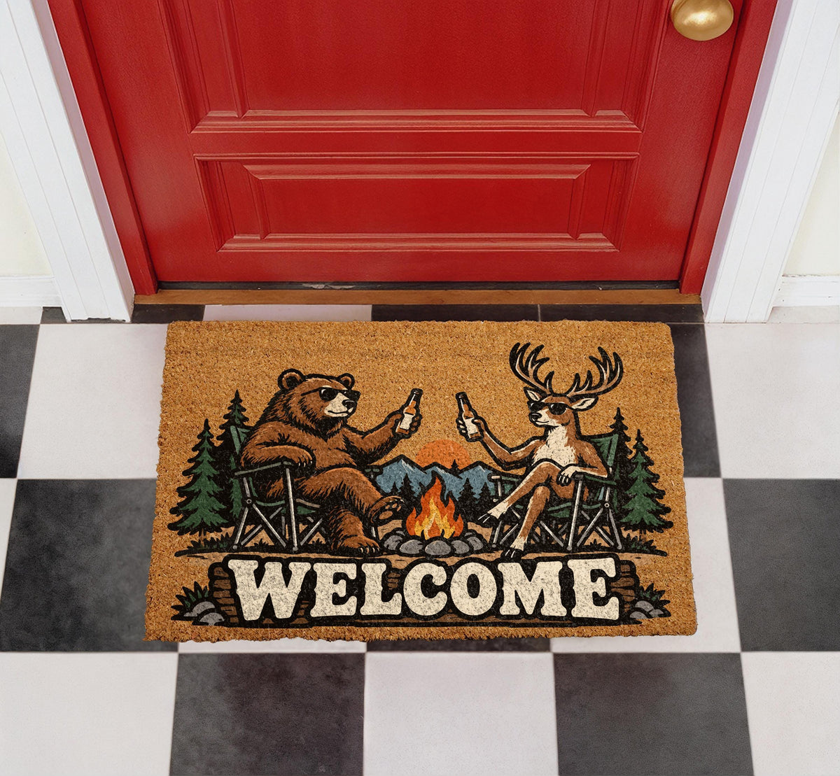 Funny Bear and Deer Doormat, Camping Cabin Welcome Mat