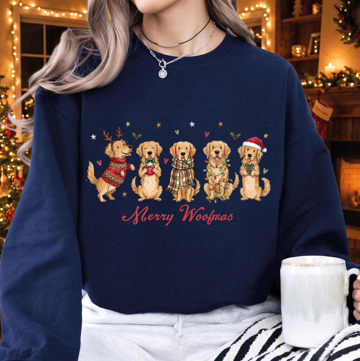 Merry Woofmas Dog Christmas Sweatshirt, Golden Retriever Yorkie Schnauzer Holiday Sweater