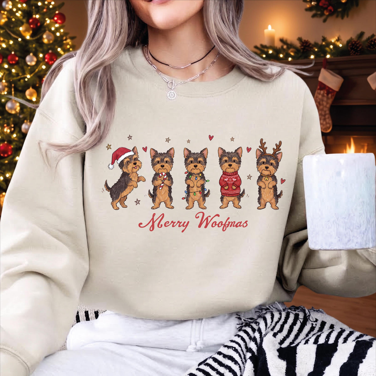 Merry Woofmas Dog Christmas Sweatshirt, Golden Retriever Yorkie Schnauzer Holiday Sweater