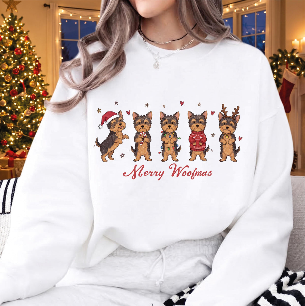 Merry Woofmas Dog Christmas Sweatshirt, Golden Retriever Yorkie Schnauzer Holiday Sweater