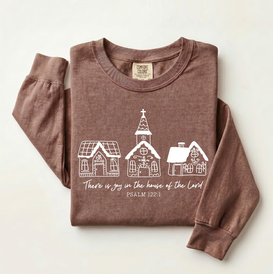 Gingerbread Church Christmas Comfort Colors® Long Sleeve, Bible Verse Christmas Shirt