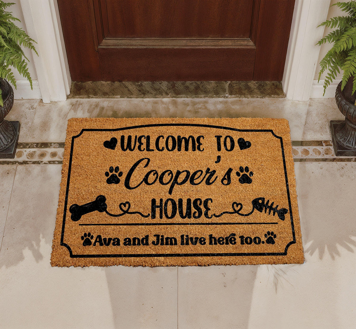 Personalized Pet Welcome Mat, Custom Name Dog House Coir Doormat, Unique Paw Print Entryway Rug, Pet Owner Family Housewarming Gift
