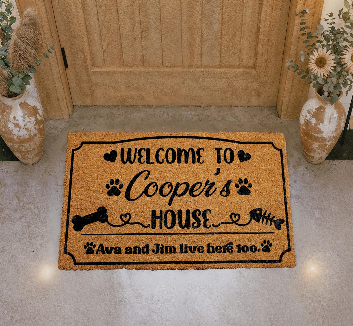 Personalized Pet Welcome Mat, Custom Name Dog House Coir Doormat, Unique Paw Print Entryway Rug, Pet Owner Family Housewarming Gift