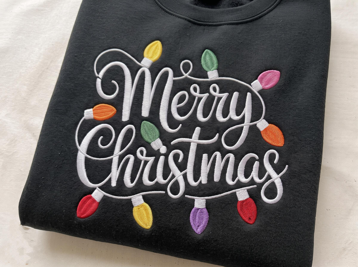 Embroidered Merry Christmas Lights Sweatshirt, Vintage Holiday Crewneck