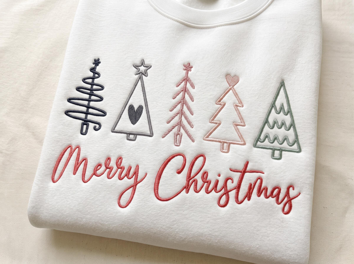 Embroidered Merry Christmas Sweatshirt, Boho Christmas Trees Holiday Crewneck