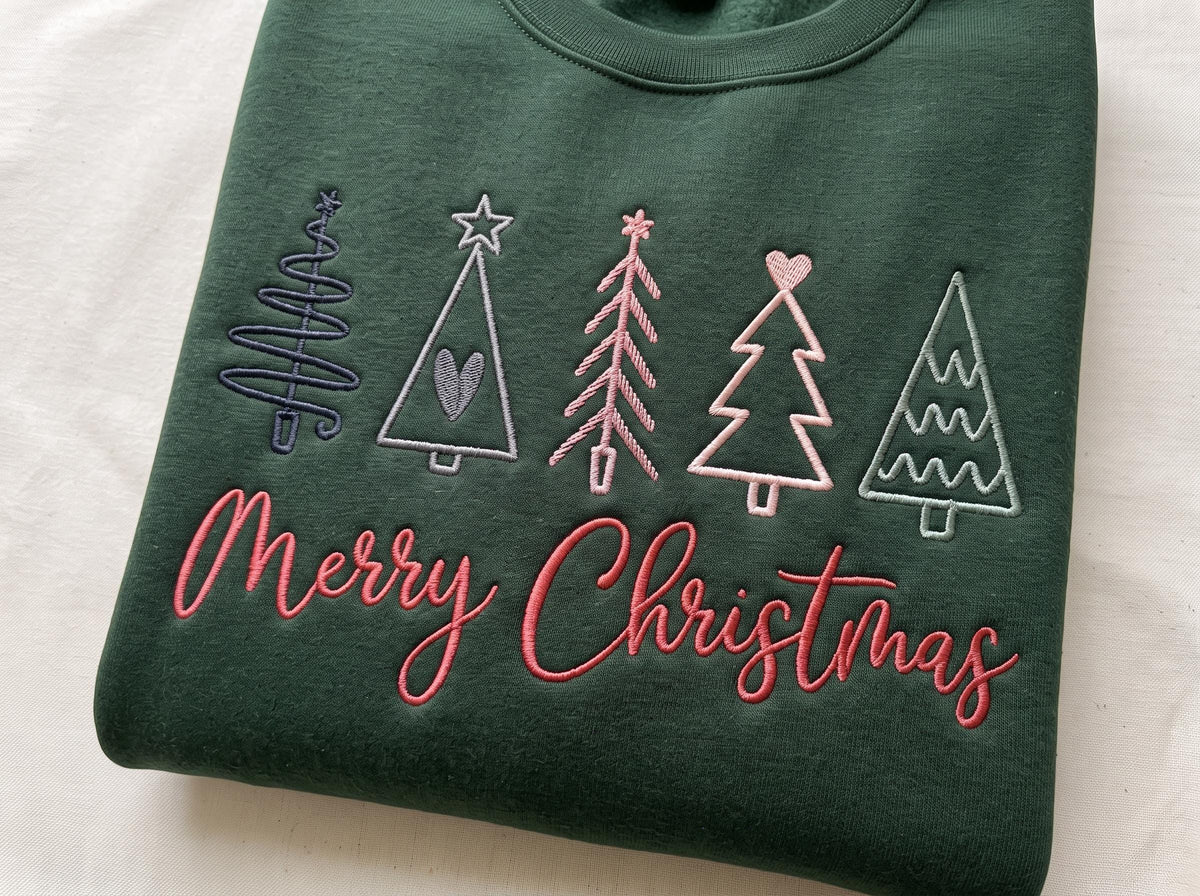 Embroidered Merry Christmas Sweatshirt, Boho Christmas Trees Holiday Crewneck