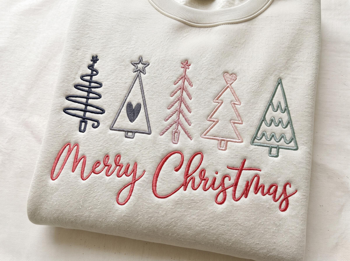 Embroidered Merry Christmas Sweatshirt, Boho Christmas Trees Holiday Crewneck