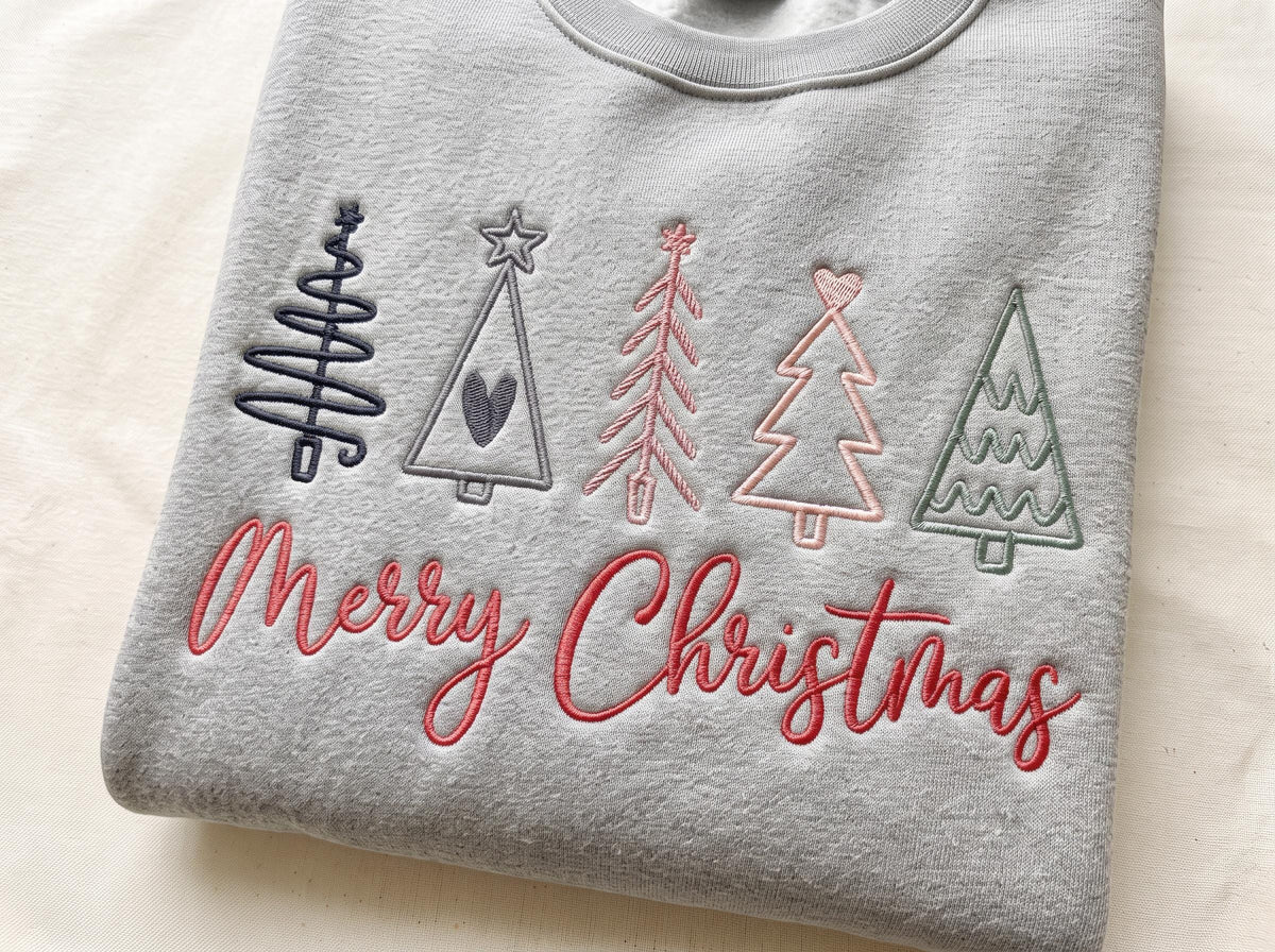 Embroidered Merry Christmas Sweatshirt, Boho Christmas Trees Holiday Crewneck