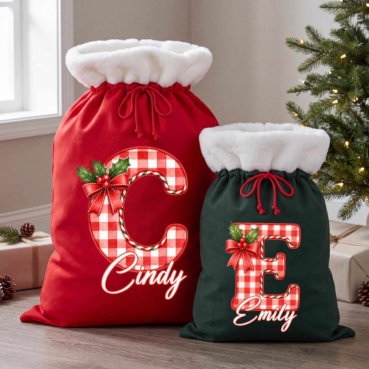 Custom Initial Santa Sacks, Monogram Christmas Gift Bag, XMAS Kids Present Sack, Matching Family Toy Gift Bag