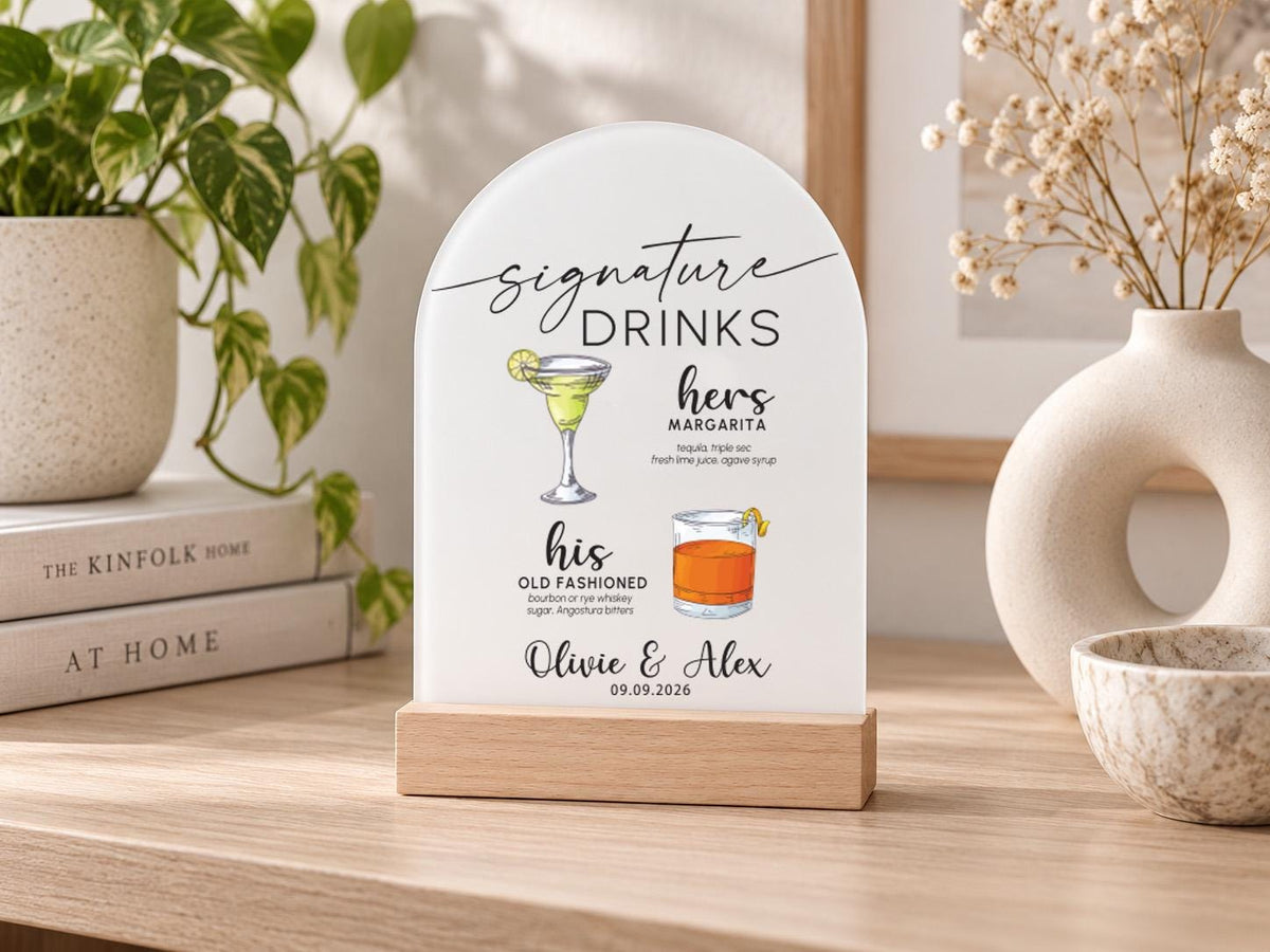 Personalized Signature Drinks Sign, Custom Acrylic His and Hers Wedding Bar Sign