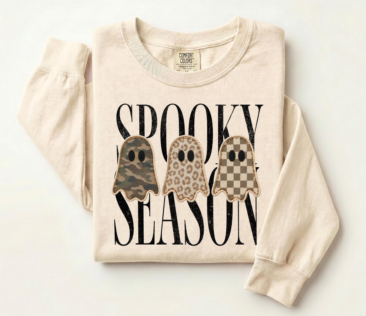 Camo Spooky Season Comfort Colors® Long Sleeve, Checkered Ghost Shirt, Halloween Ghosts Tee