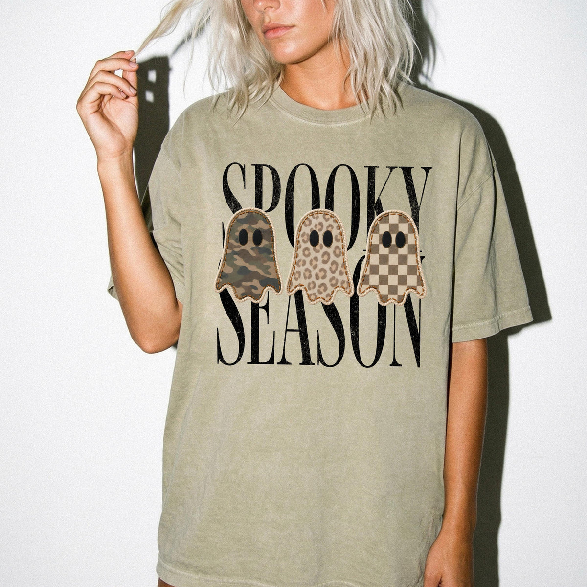 Camo Spooky Season Comfort Colors® Long Sleeve, Checkered Ghost Shirt, Halloween Ghosts Tee