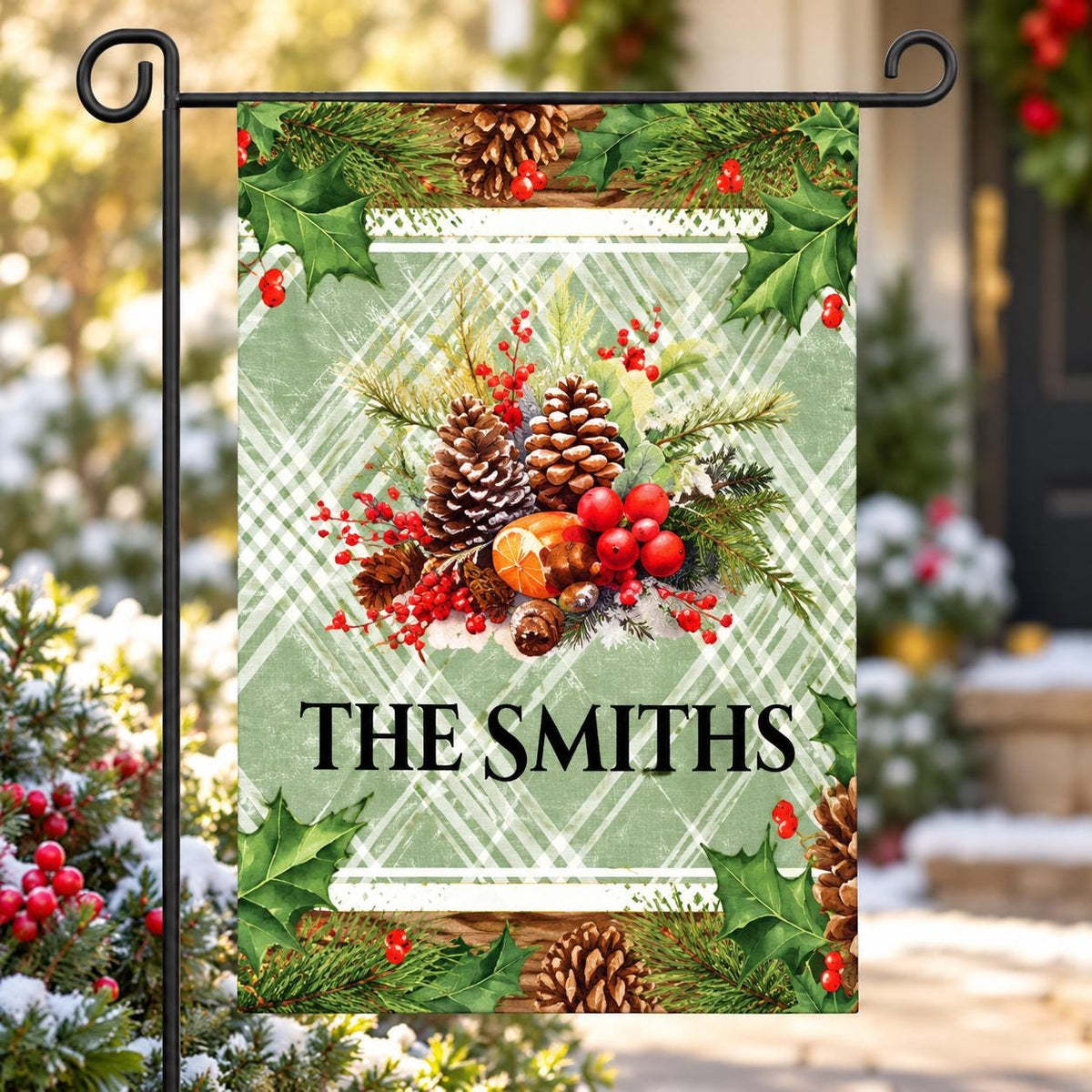 Personalized Christmas Garden Flag, Custom Family Name Ribbon Tree and Poinsettia Bouquet Flag
