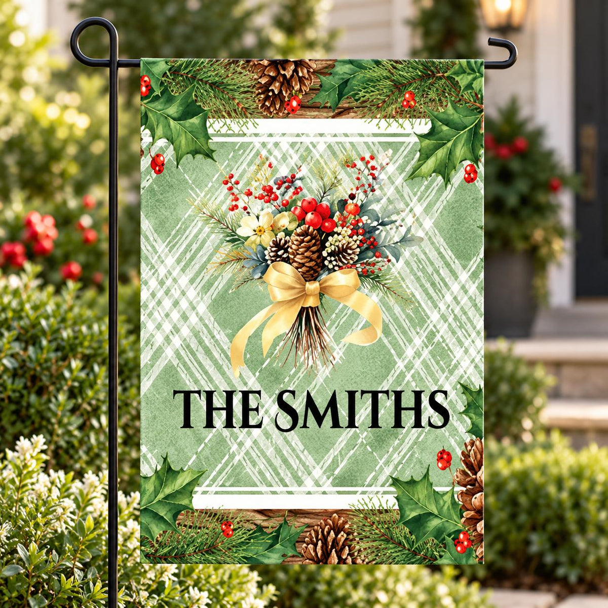 Personalized Christmas Garden Flag, Custom Family Name Ribbon Tree and Poinsettia Bouquet Flag