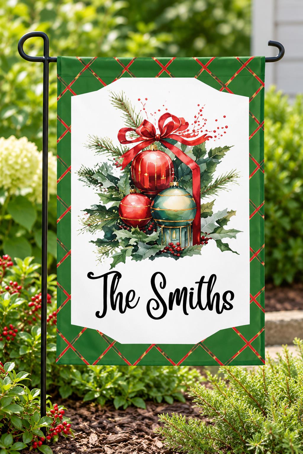 Personalized Christmas Garden Flag, Custom Family Name Green Lattice Tree and Ornament Yard Flag