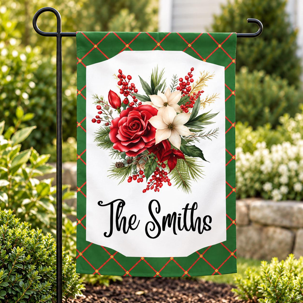 Personalized Christmas Garden Flag, Custom Family Name Green Lattice Tree and Ornament Yard Flag