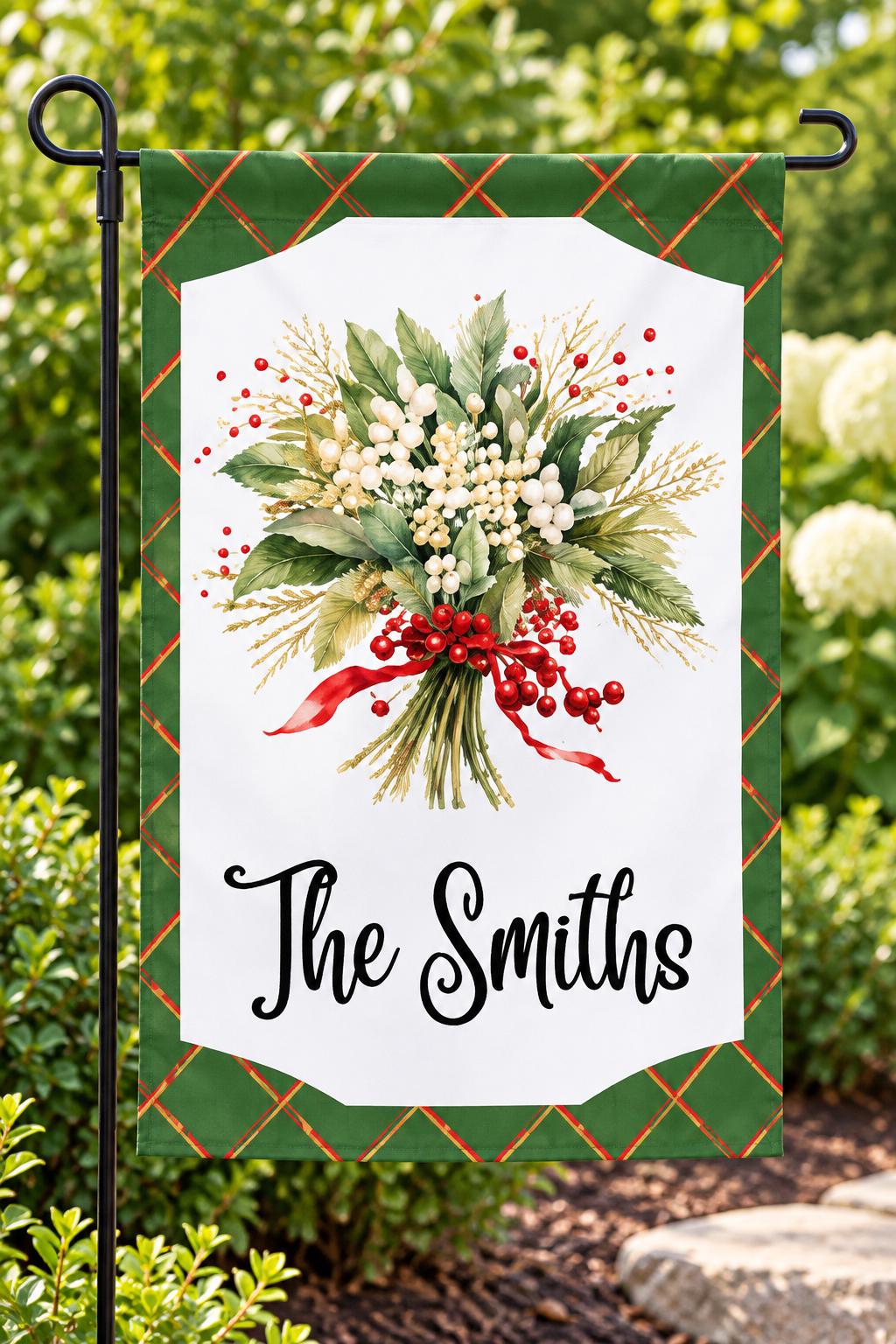 Personalized Christmas Garden Flag, Custom Family Name Green Lattice Tree and Ornament Yard Flag