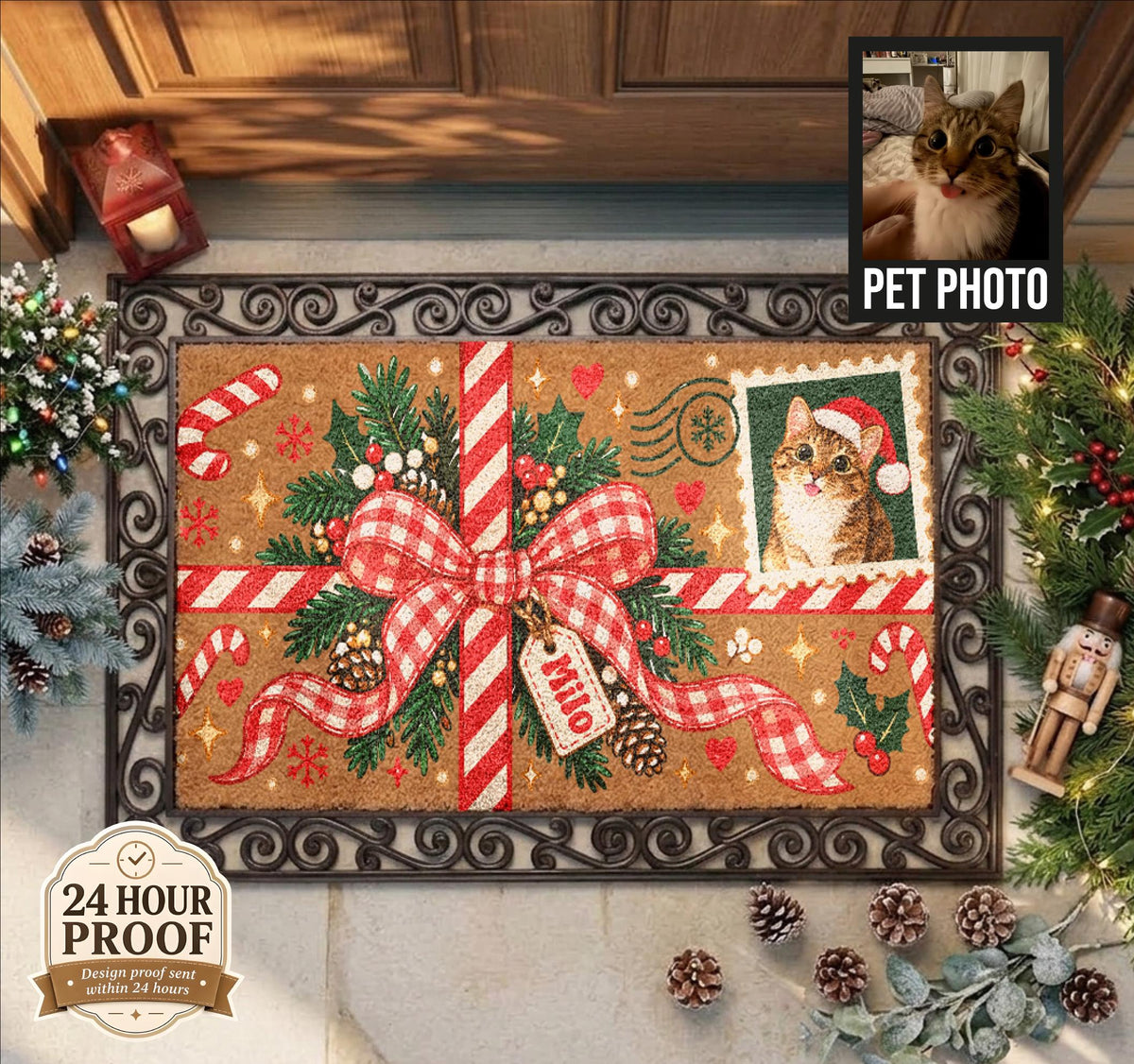 Custom Pet Portrait Christmas Doormat, Personalized Cat Dog Photo Mat, Holiday Gift Bow Coir Rug, Custom Stamp Pet Name Porch Decor