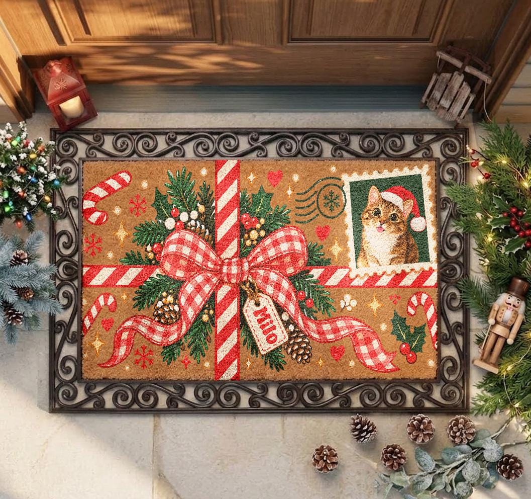 Custom Pet Portrait Christmas Doormat, Personalized Cat Dog Photo Mat, Holiday Gift Bow Coir Rug, Custom Stamp Pet Name Porch Decor