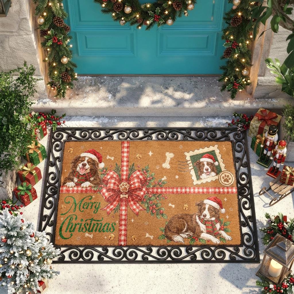 Custom Multiple Pet Photo Christmas Doormat, Personalized Dog Portrait Coir Mat, Merry Christmas Welcome Rug, Dog Lover Holiday Gift