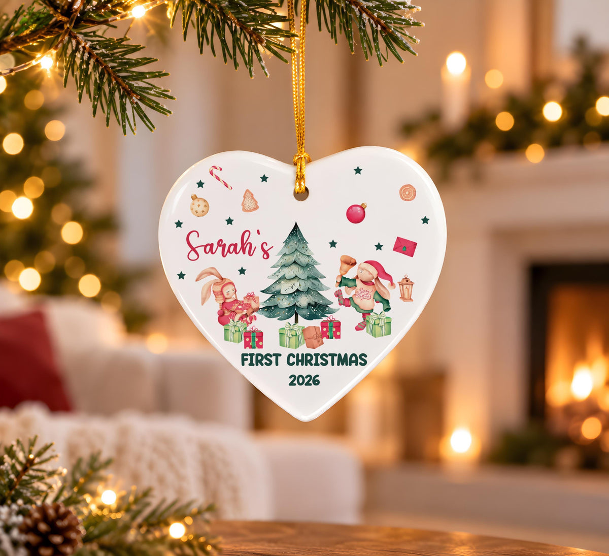 Custom Name Baby's First Christmas Heart Ornament, Personalized Ceramic New Baby Keepsake 2026