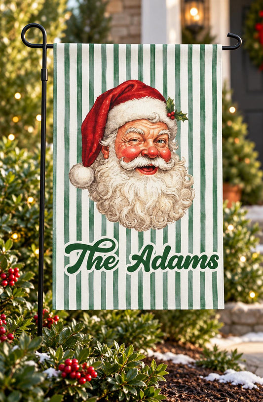Personalized Christmas Garden Flag, Custom Family Name Green Stripe Santa and Highland Cow Flag