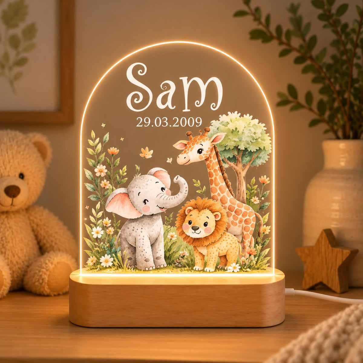 Personalized LED Animal Lamp, Safari Elephant and Giraffe Kids Name Night Light