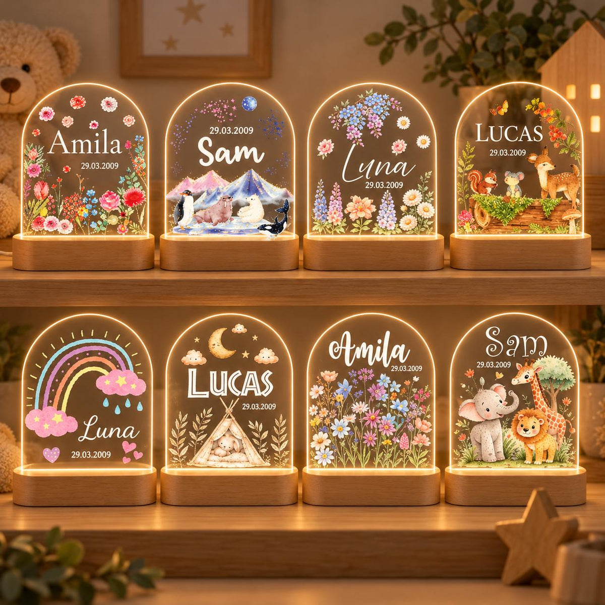 Personalized LED Animal Lamp, Woodland Deer and Squirrel Kids Name Night Light