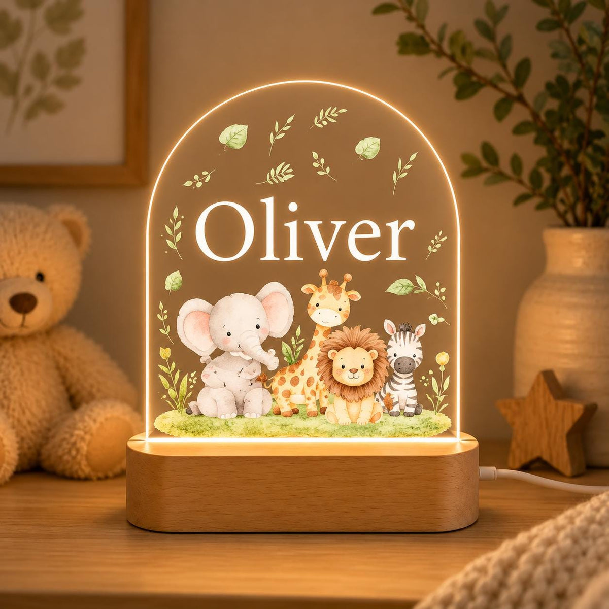 Personalized LED Animal Lamp, Baby Jungle Animals Kids Name Night Light