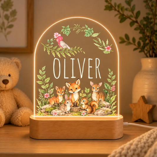 Personalized LED Animal Lamp, Woodland Fox and Bunny Kids Name Night Light