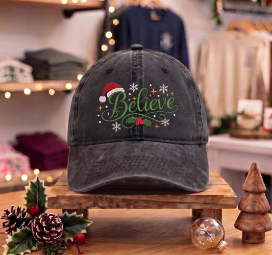 Embroidered Believe Santa Hat Baseball Cap, Christmas Holiday Hat
