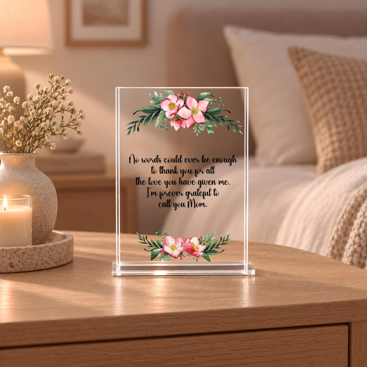 Custom Acrylic Mom Gift Plaque, Thank You Mom Floral Acrylic Block, Best Friend Desk Sign, Friendship Quote Keepsake