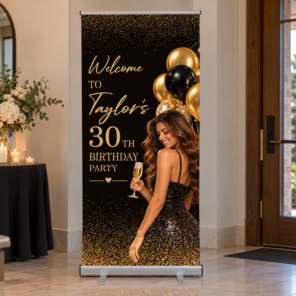 Custom Photo Birthday Retractable Banner, Adult Milestone Birthday Welcome Standing Sign, Roll Up Party Decor