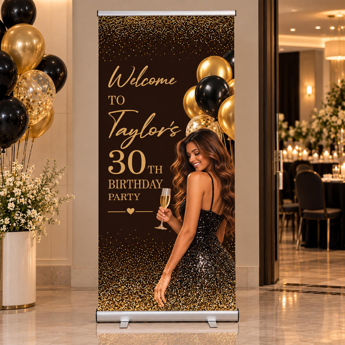 Custom Photo Birthday Retractable Banner, Adult Milestone Birthday Welcome Standing Sign, Roll Up Party Decor