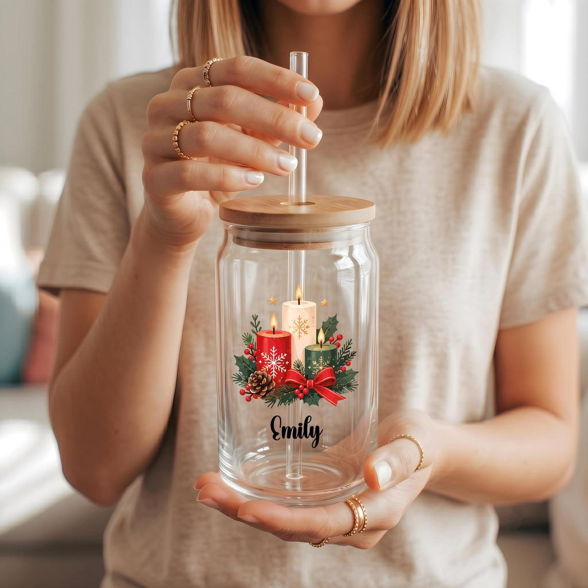 Personalized Christmas Glass Can Cup, Custom Name Holiday Iced Coffee Tumbler, Unique Winter Glassware Gift, Xmas Drinkware Present