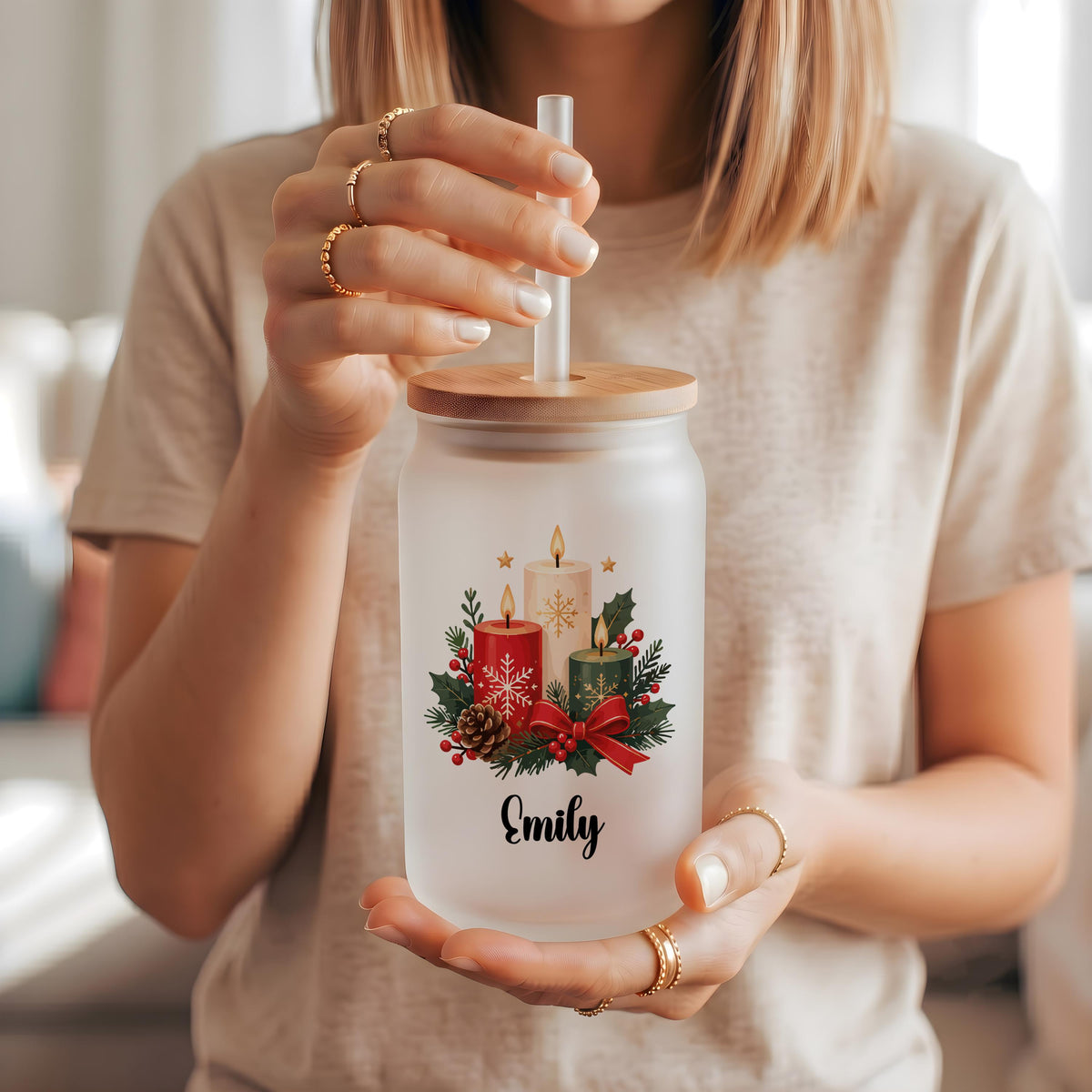 Personalized Christmas Glass Can Cup, Custom Name Holiday Iced Coffee Tumbler, Unique Winter Glassware Gift, Xmas Drinkware Present