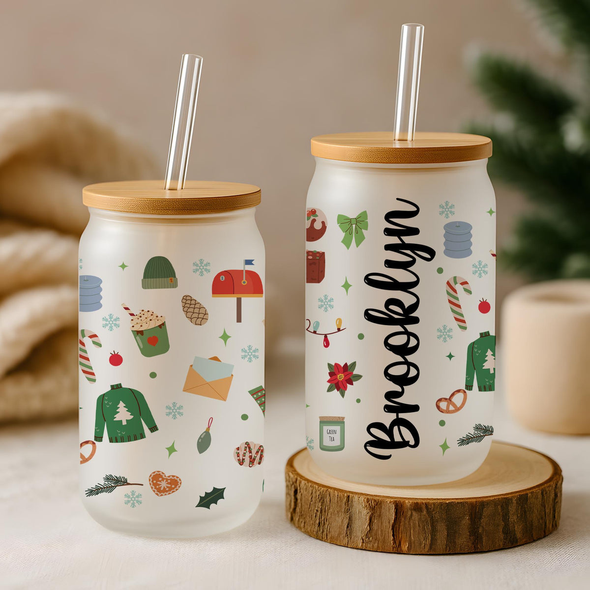 Custom Name Xmas Frosted Glass Cup, Personalized Holiday Can Tumbler, Christmas Icons Pattern Glassware, Winter Gift Idea For Family