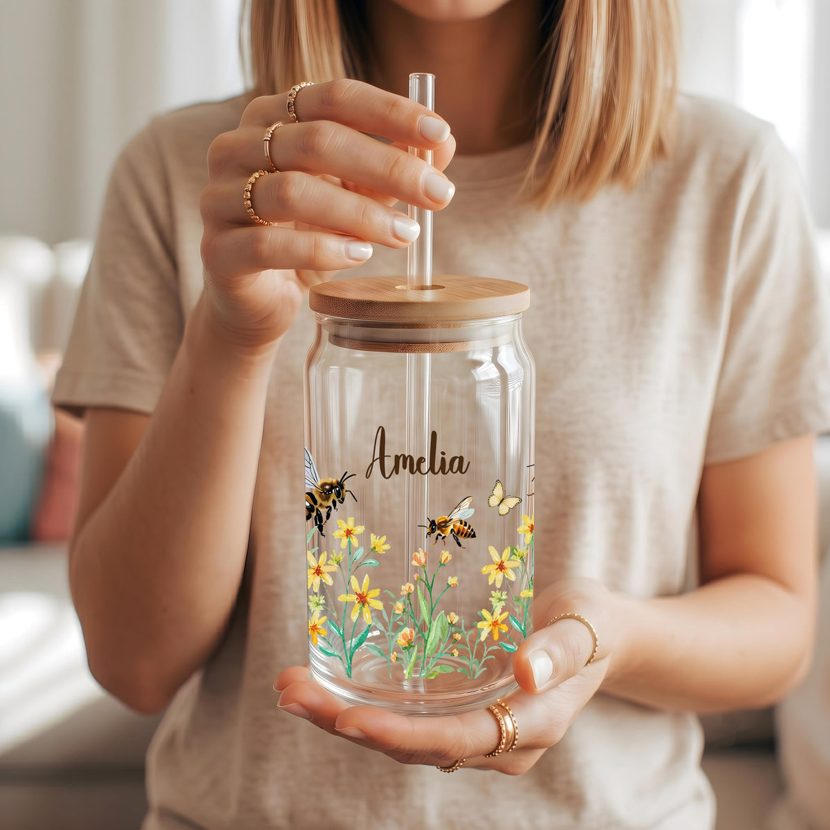Custom Name Flower Frosted Glass Cup, Wildflower Hummingbird Honeybee Floral Can Tumbler, Personalized Spring Floral Birthday Present
