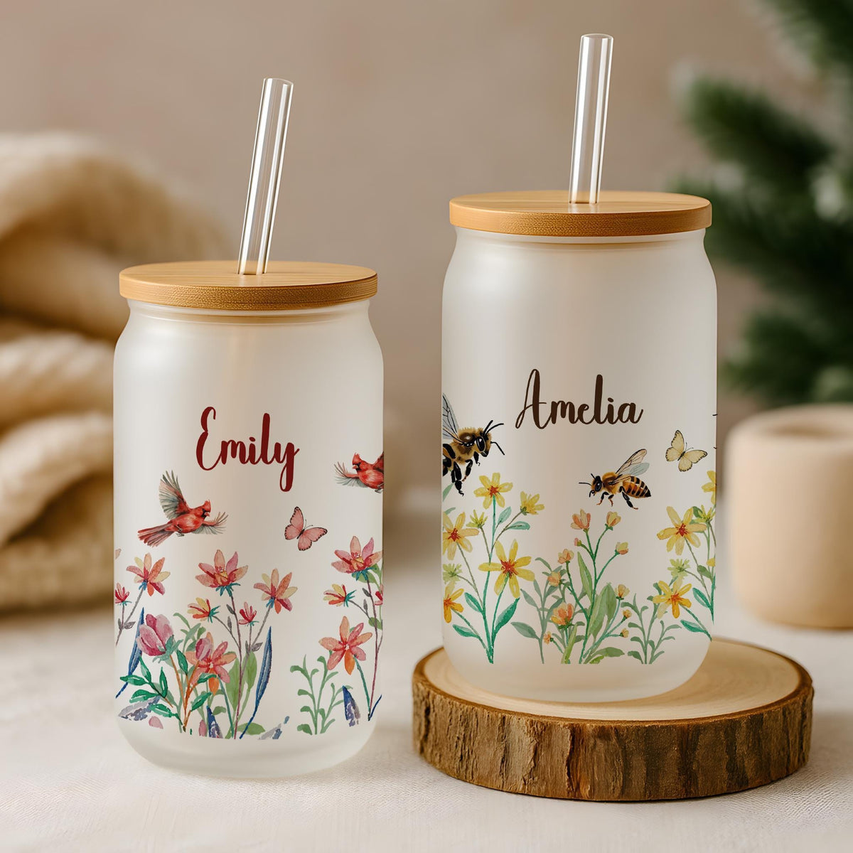 Custom Name Flower Frosted Glass Cup, Wildflower Hummingbird Honeybee Floral Can Tumbler, Personalized Spring Floral Birthday Present