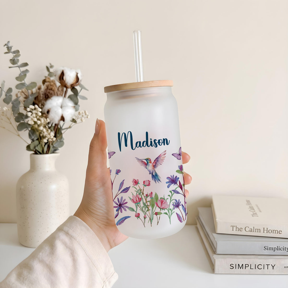 Custom Name Flower Frosted Glass Cup, Wildflower Hummingbird Honeybee Floral Can Tumbler, Personalized Spring Floral Birthday Present