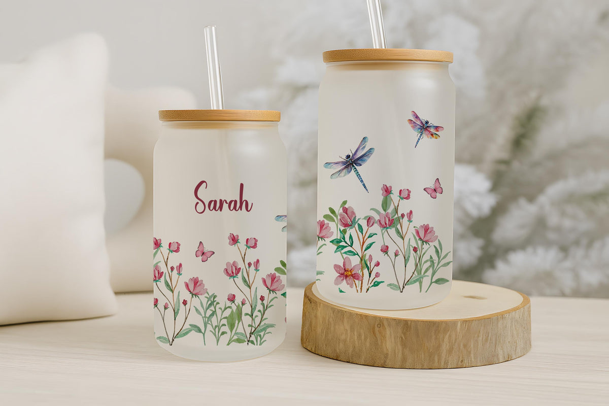 Custom Name Flower Frosted Glass Cup, Wildflower Hummingbird Honeybee Floral Can Tumbler, Personalized Spring Floral Birthday Present