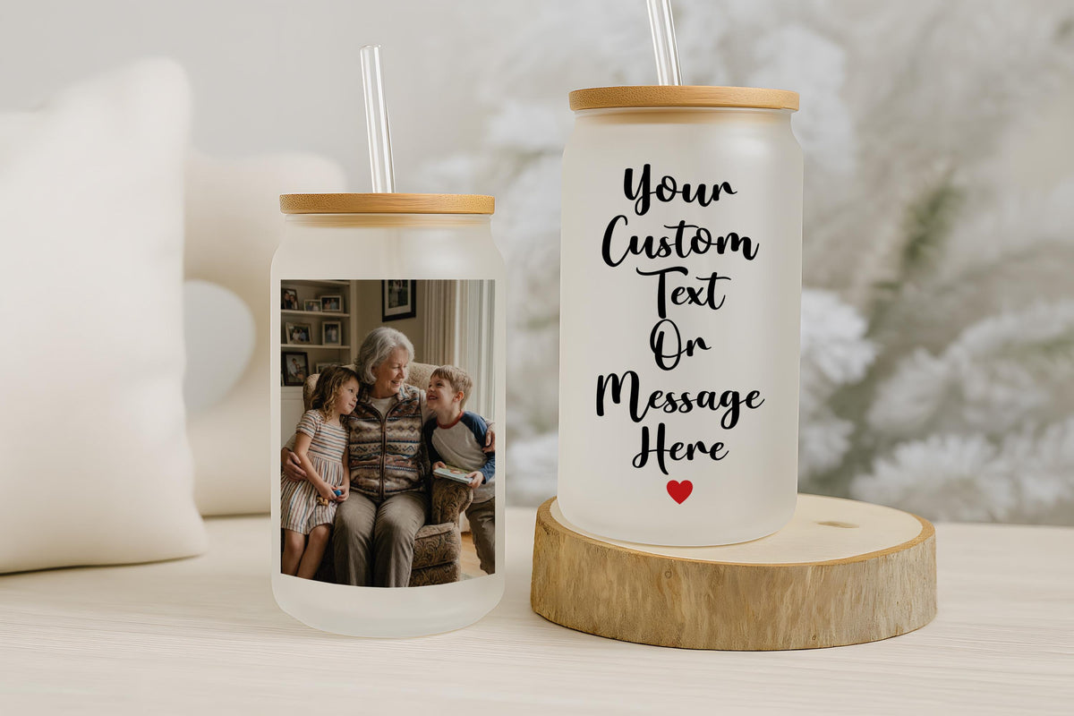 Custom Message & Photo Glass Can Cup, Personalized Picture - Text Iced Coffee Tumbler, Bamboo Lid and Straw Family Gift Glassware