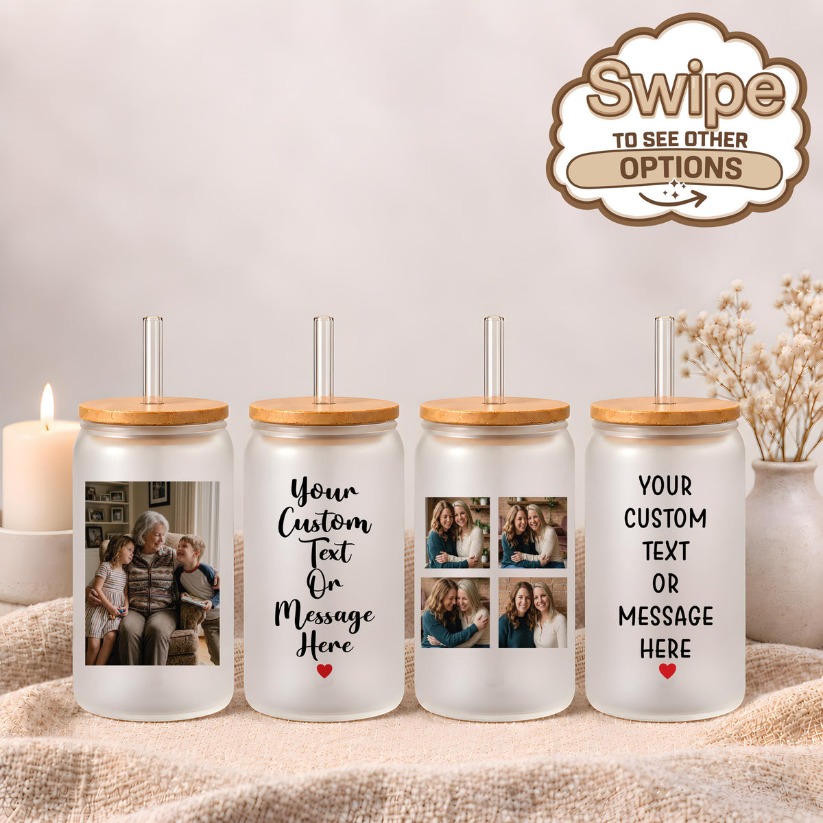Custom Message & Photo Glass Can Cup, Personalized Picture - Text Iced Coffee Tumbler, Bamboo Lid and Straw Family Gift Glassware