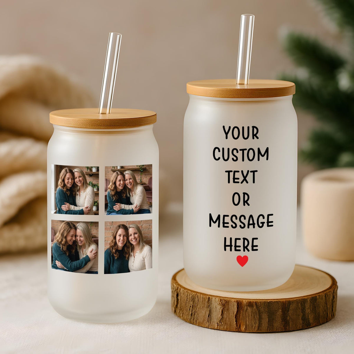 Custom Message & Photo Glass Can Cup, Personalized Picture - Text Iced Coffee Tumbler, Bamboo Lid and Straw Family Gift Glassware