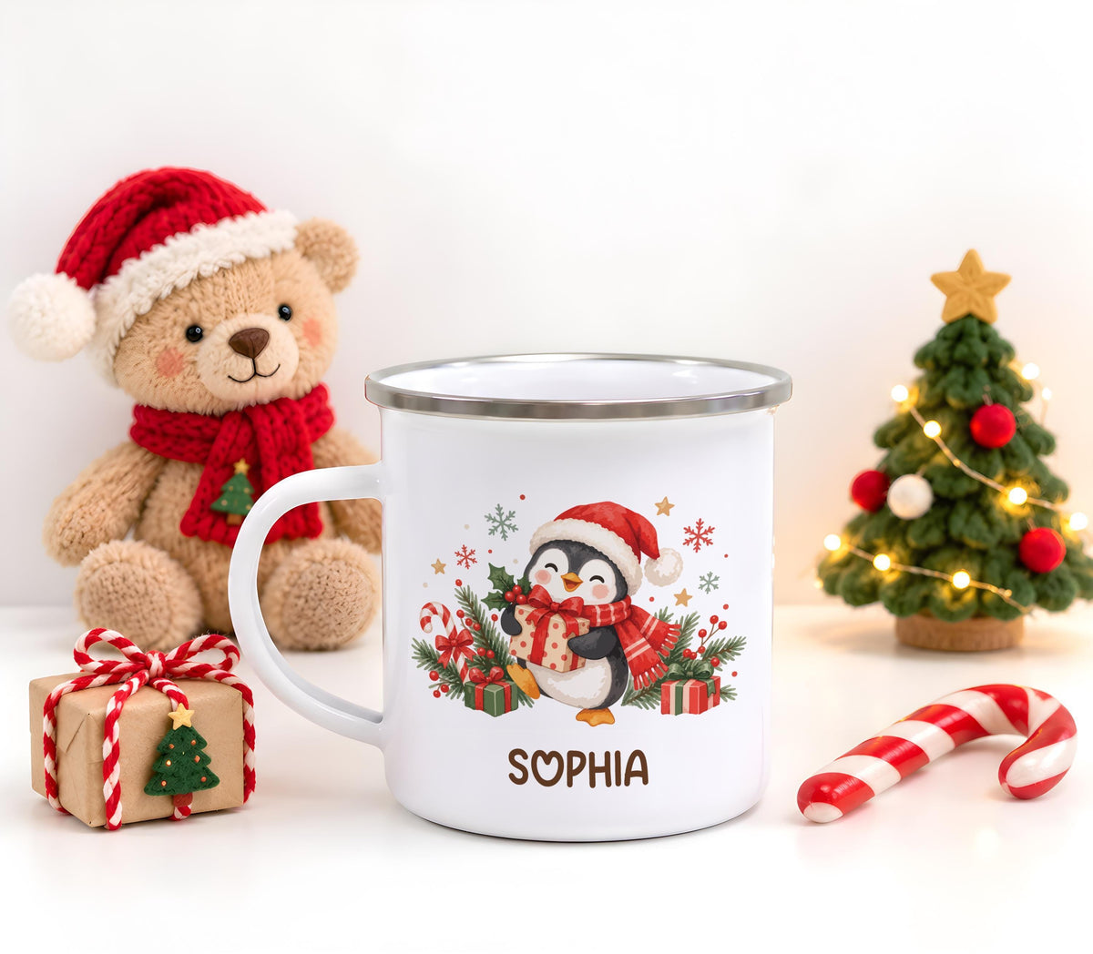 Personalized Holiday Cocoa Mug, Cute Winter Animal Enamel Campfire Cup, Custom Name Christmas Gift, Toddler Girl Boy Kids Stocking Stuffer